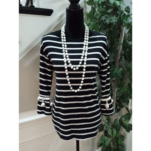 Cherish Women's Black White Striped Pom Ball Round Neck Long Sleeve Top Blouse L - Picture 1 of 12